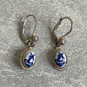Vintage Dutch Delft Porcelain Blue and White Windmill Earrings Sterling Silver